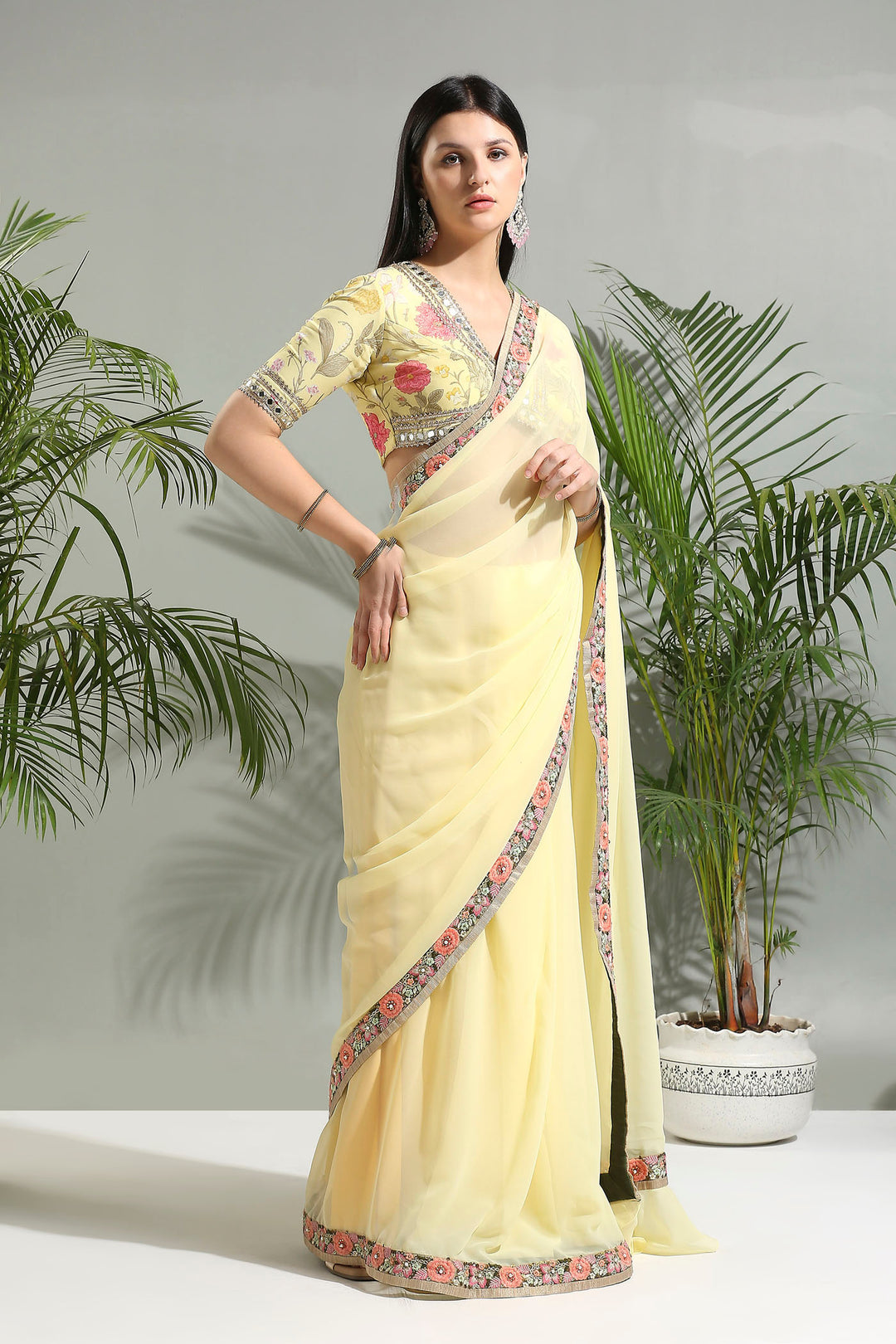 Yellow Saree With Floral Blouse