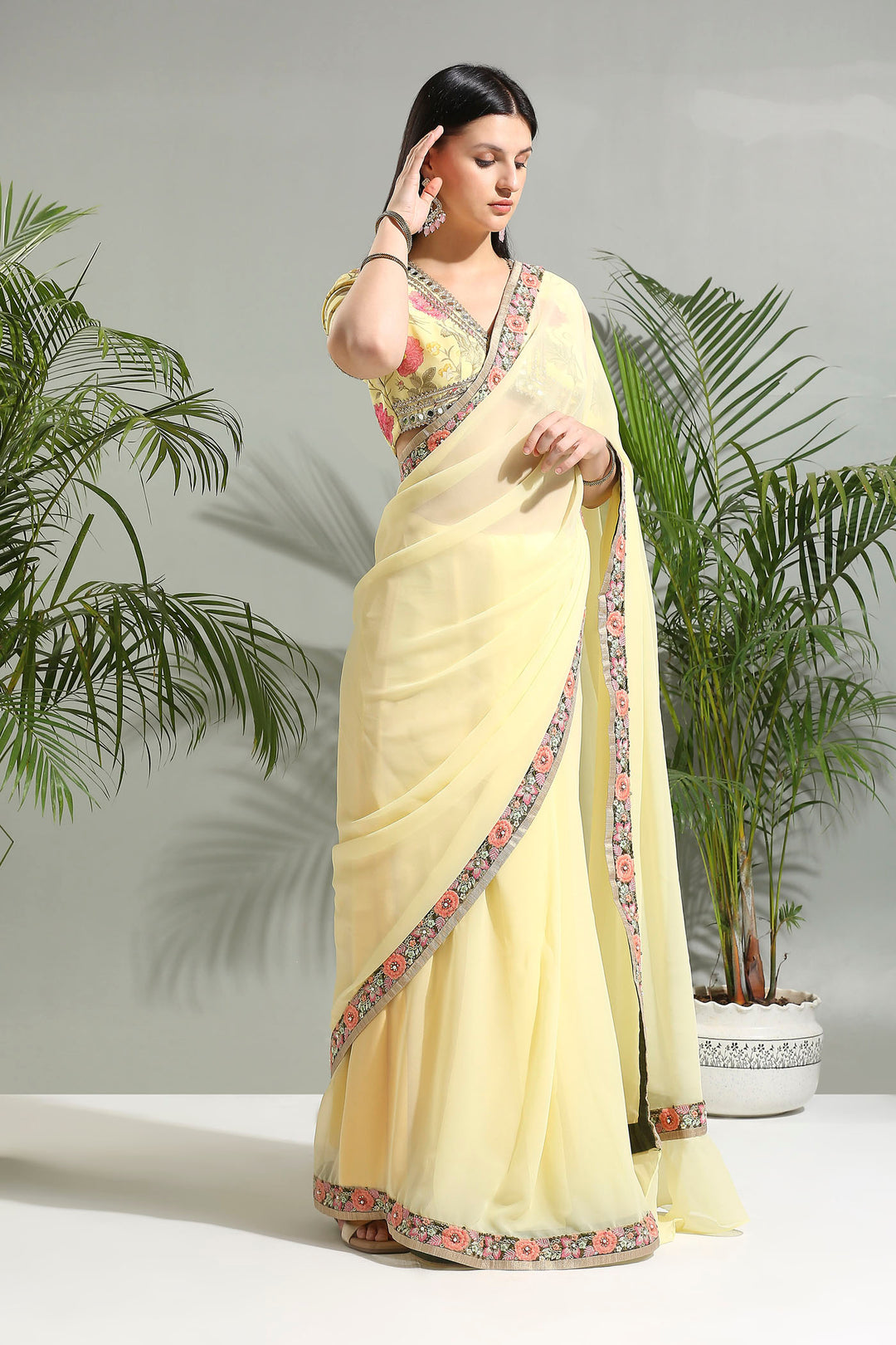 Yellow Saree With Floral Blouse
