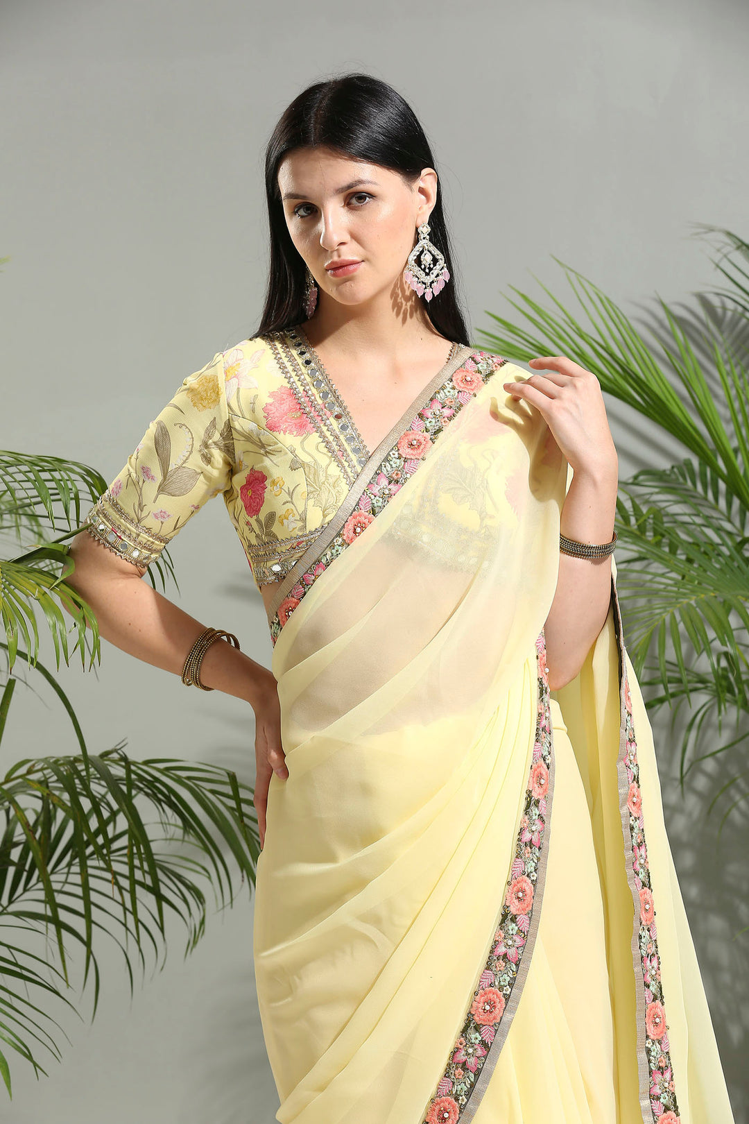 Yellow Saree With Floral Blouse