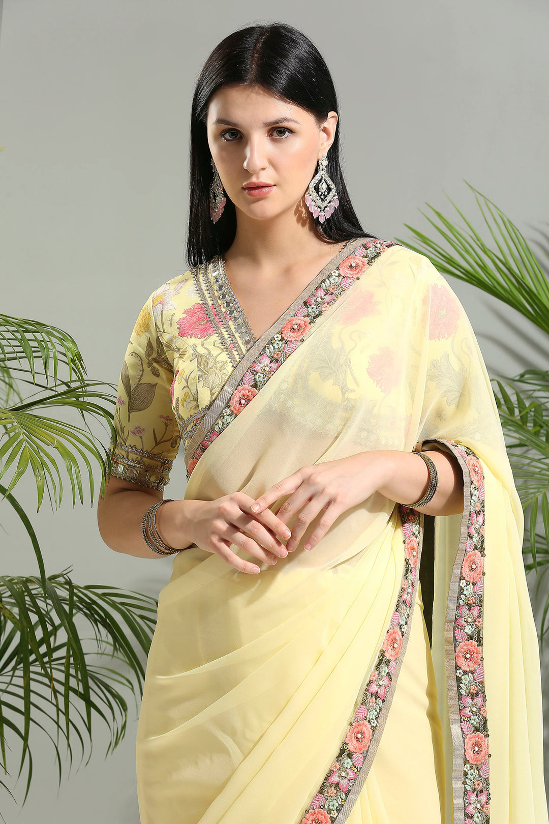 Yellow Saree With Floral Blouse