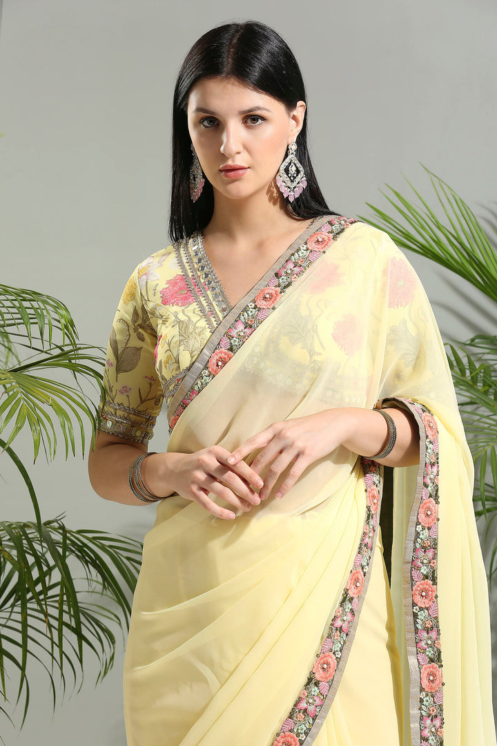 Yellow Saree With Floral Blouse