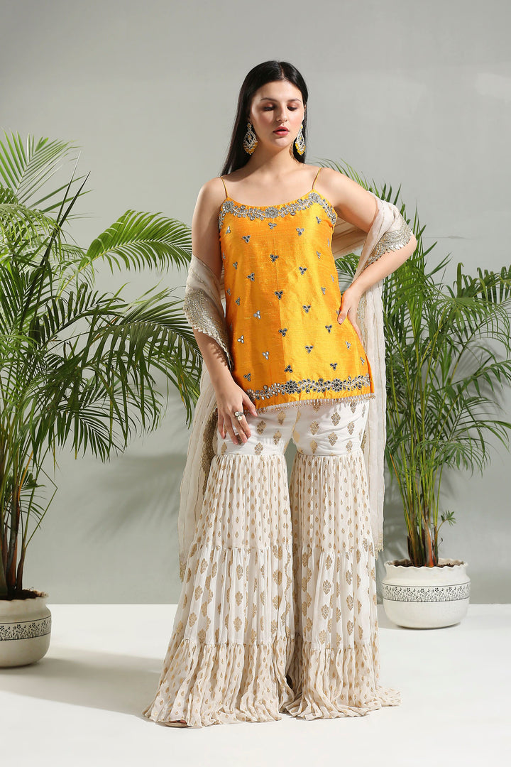 Yellow And Ivory Sharara Set