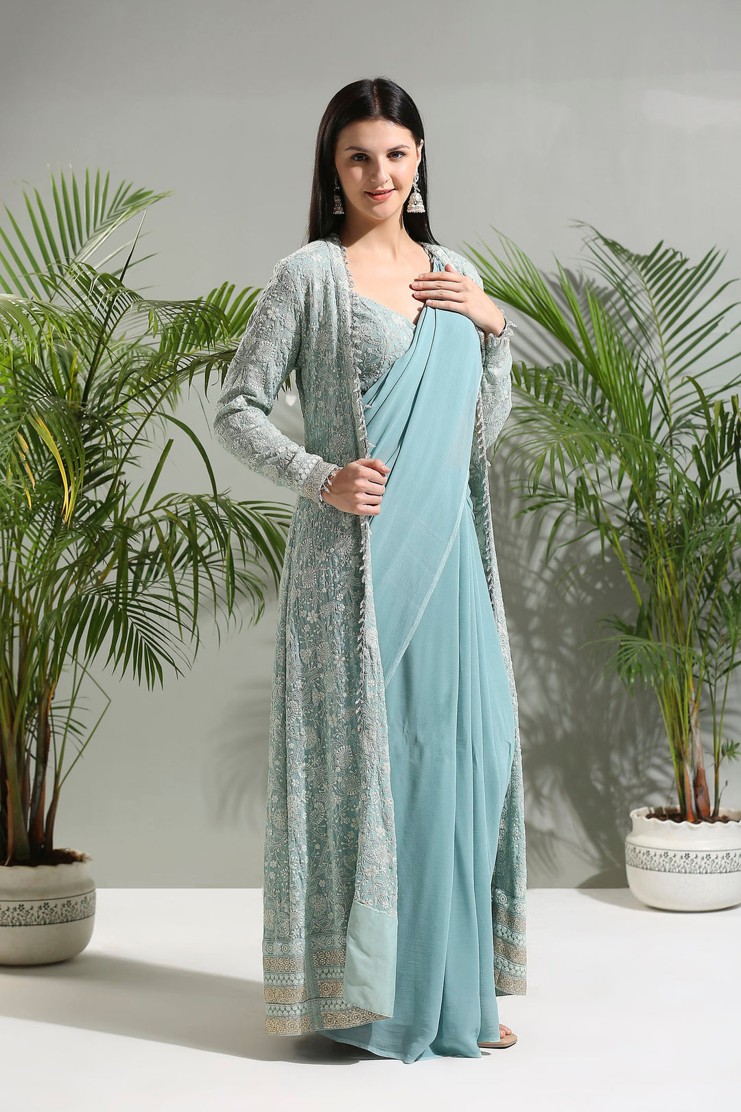 Dusty Blue Jacket And Saree Set