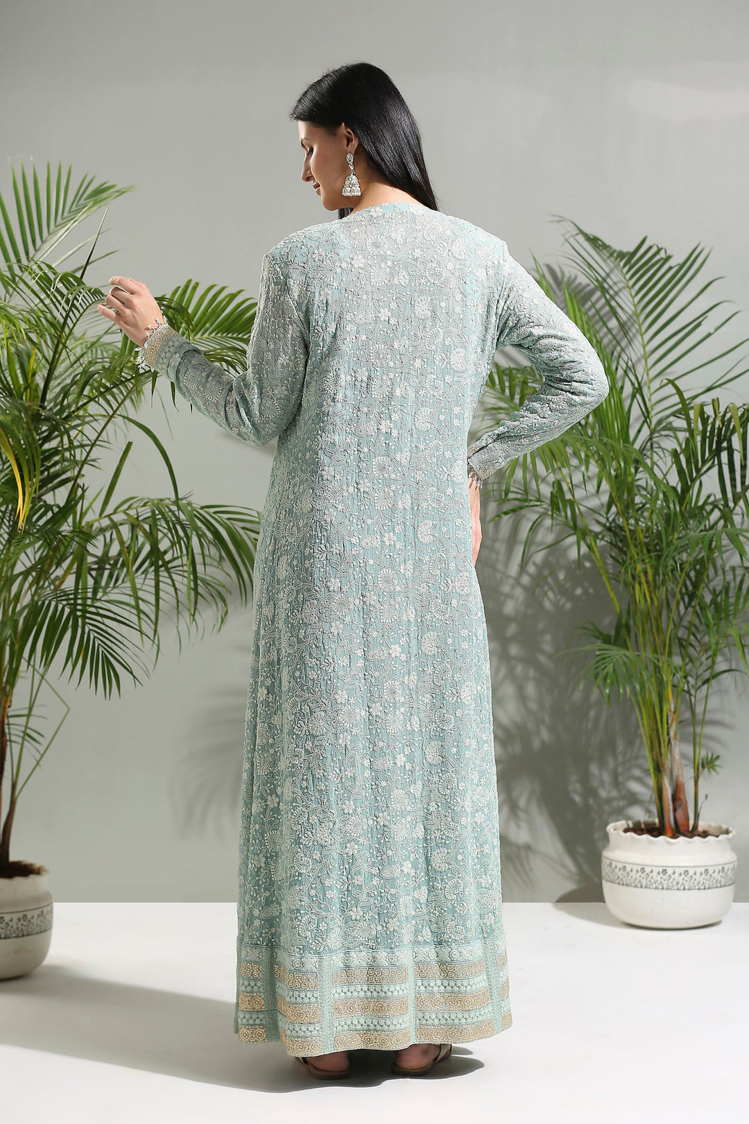 Dusty Blue Jacket And Saree Set