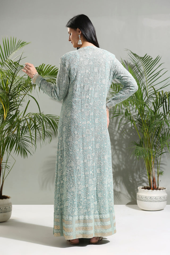 Dusty Blue Jacket And Saree Set