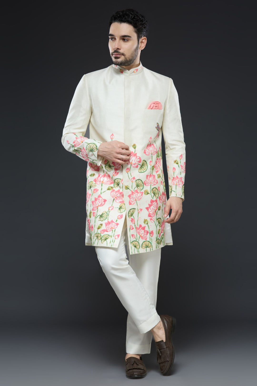 Ivory Painted Floral Raw Silk Sherwani Set