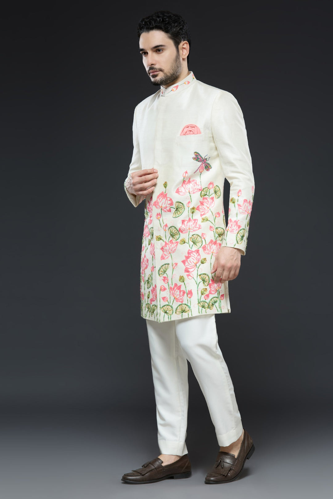 Ivory Painted Floral Raw Silk Sherwani Set