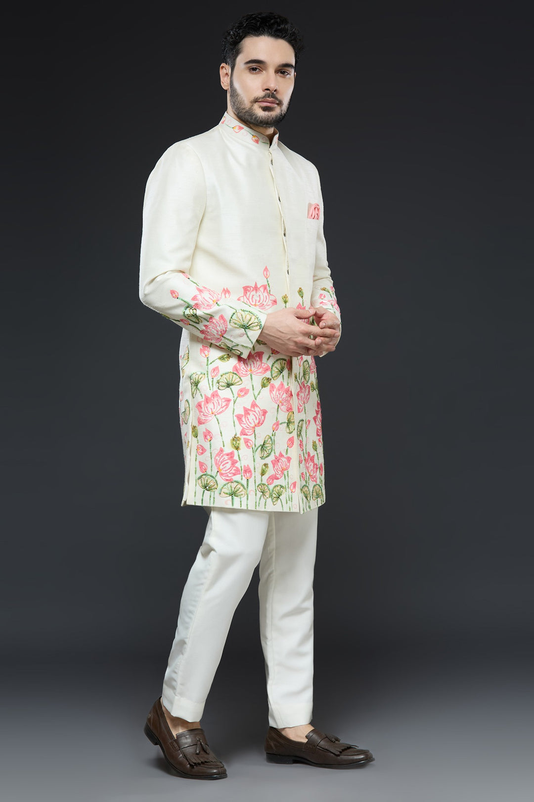 Ivory Painted Floral Raw Silk Sherwani Set