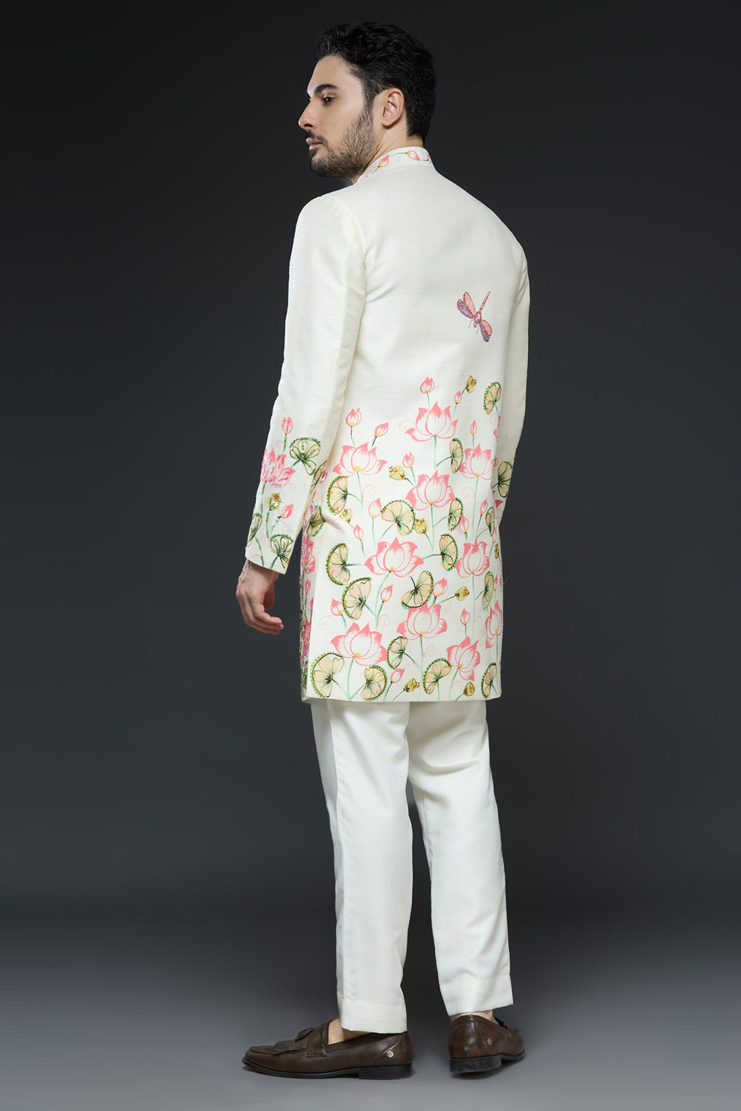 Ivory Painted Floral Raw Silk Sherwani Set