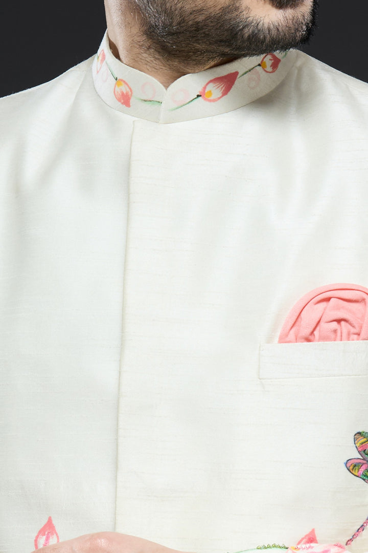 Ivory Painted Floral Raw Silk Sherwani Set
