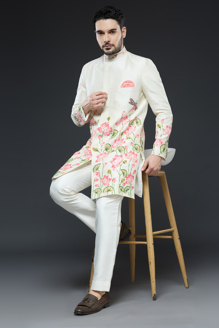 Ivory Painted Floral Raw Silk Sherwani Set