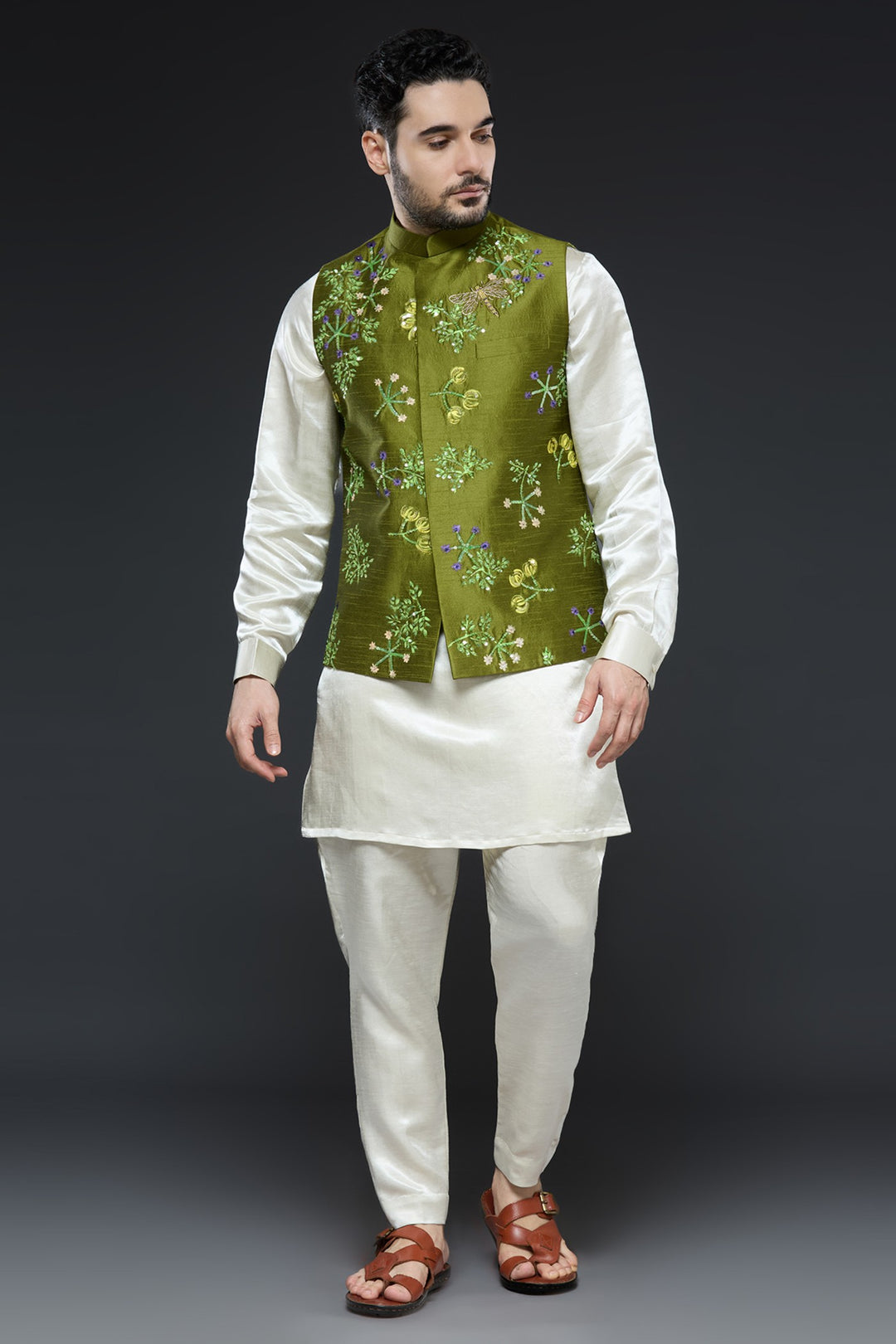 Mehendi Green Linen Tissue Vest Floral Set