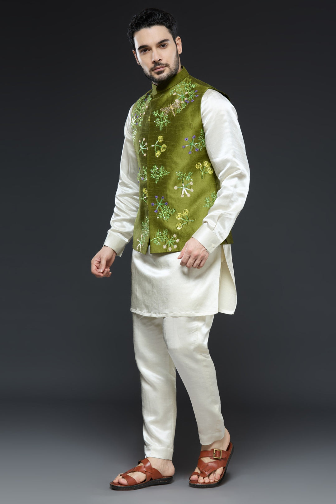 Mehendi Green Linen Tissue Vest Floral Set