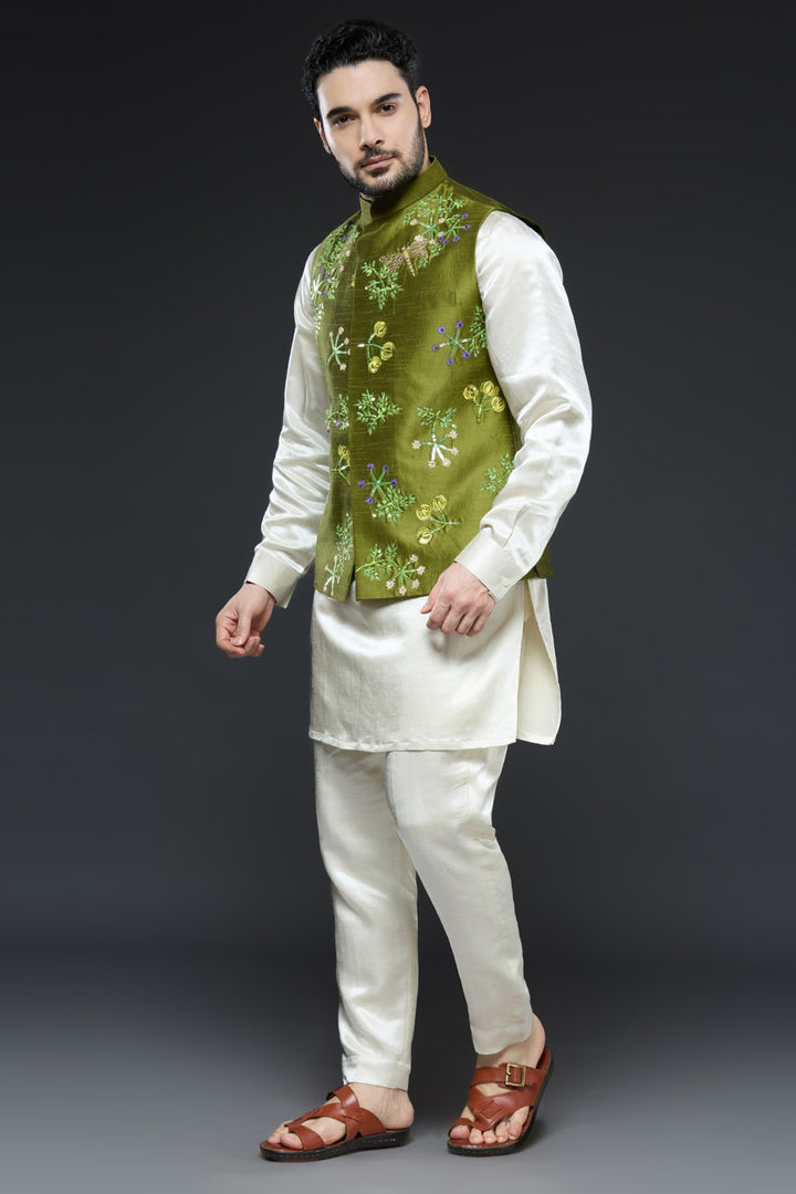 Mehendi Green Linen Tissue Vest Floral Set