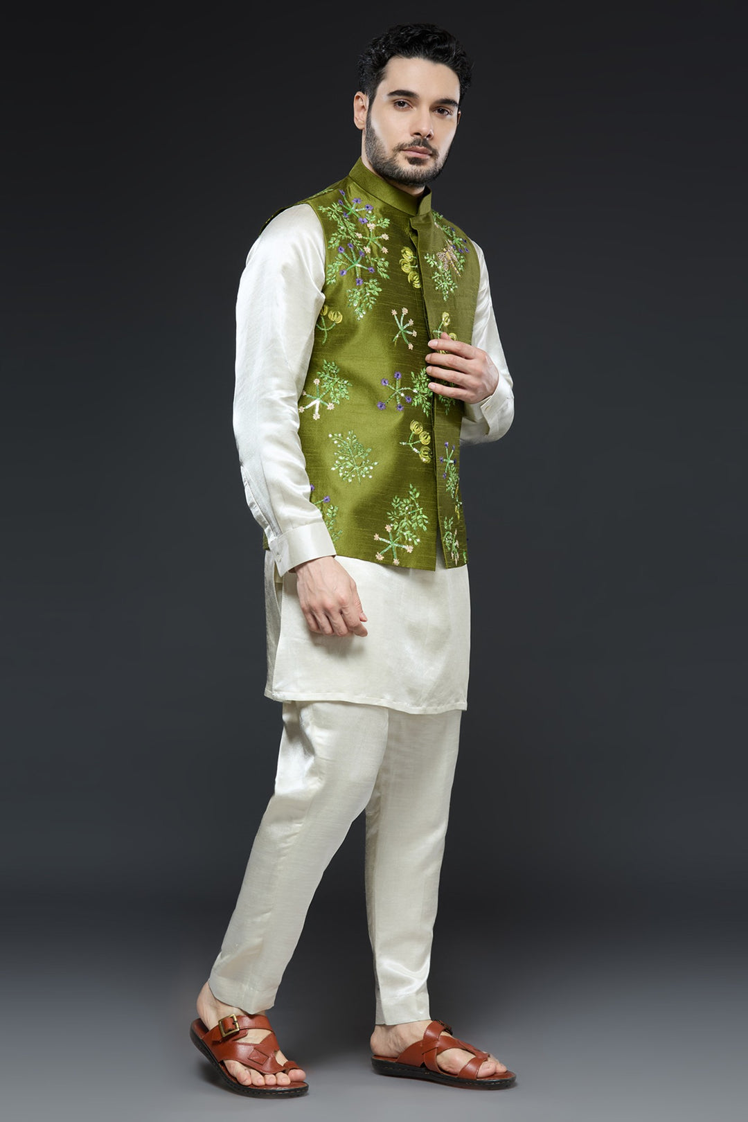 Mehendi Green Linen Tissue Vest Floral Set