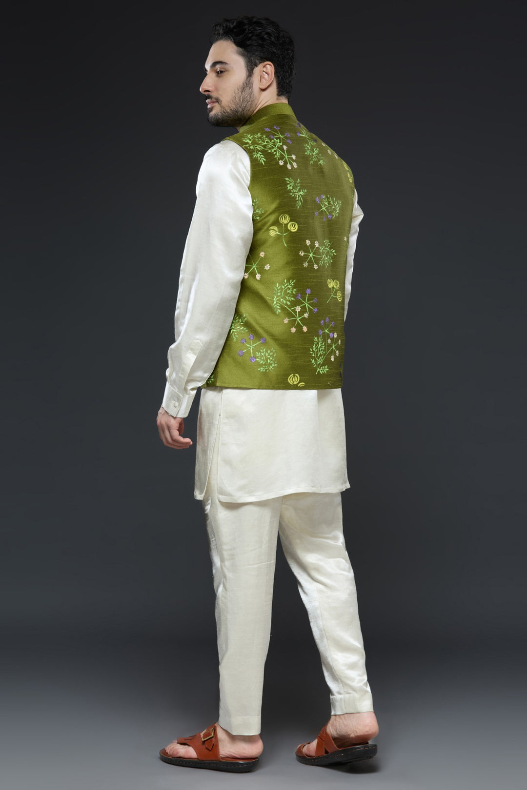 Mehendi Green Linen Tissue Vest Floral Set