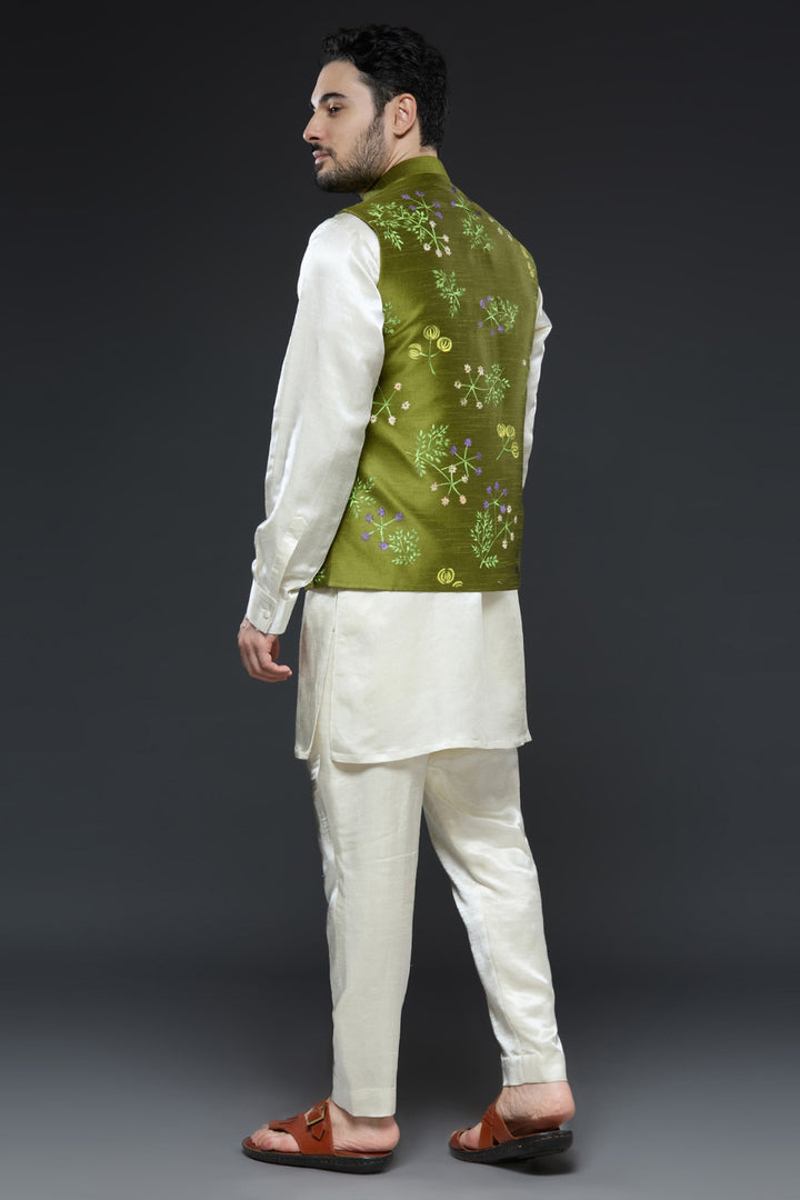 Mehendi Green Linen Tissue Vest Floral Set