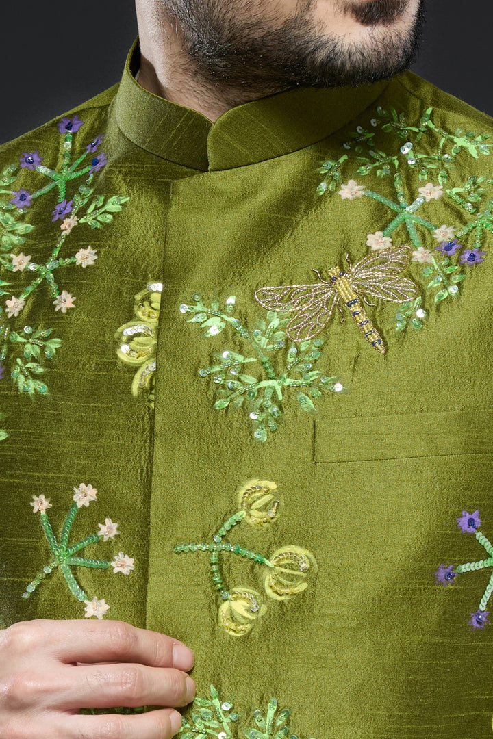 Mehendi Green Linen Tissue Vest Floral Set