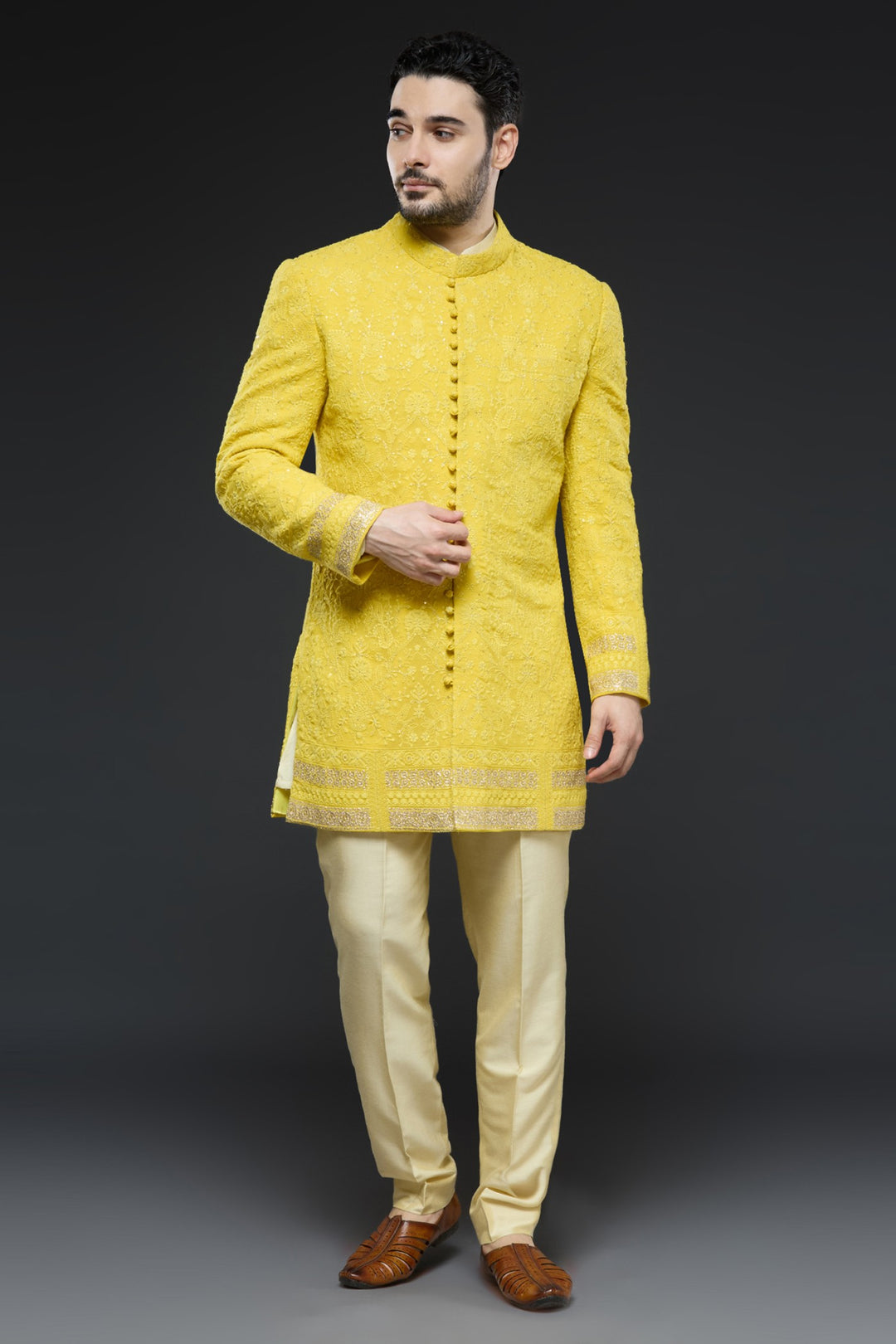 Mustard Lucknowi Sherwani Set