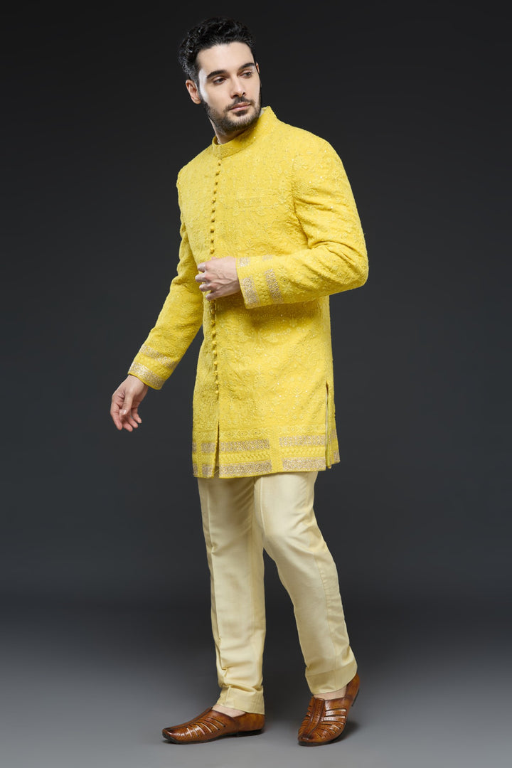 Mustard Lucknowi Sherwani Set