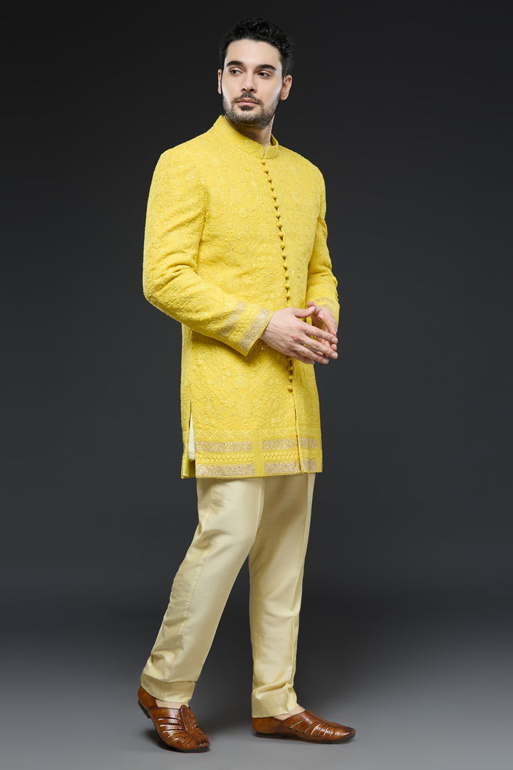 Mustard Lucknowi Sherwani Set