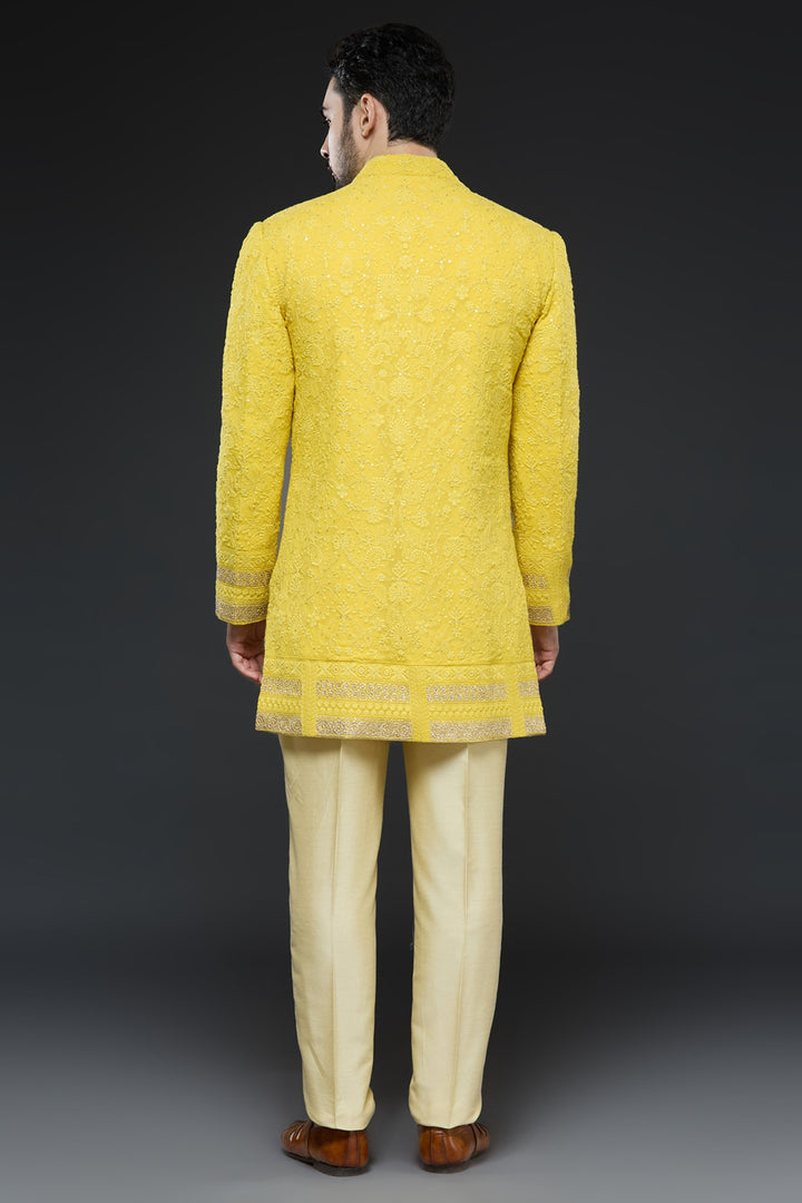 Mustard Lucknowi Sherwani Set