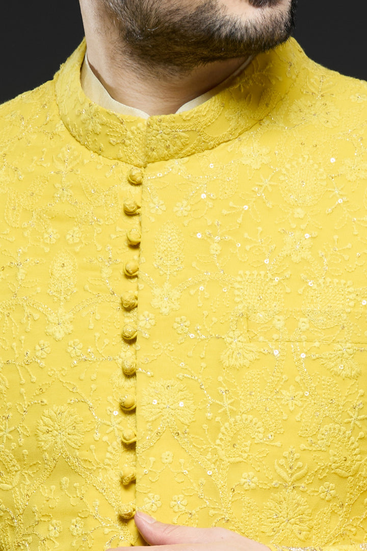 Mustard Lucknowi Sherwani Set