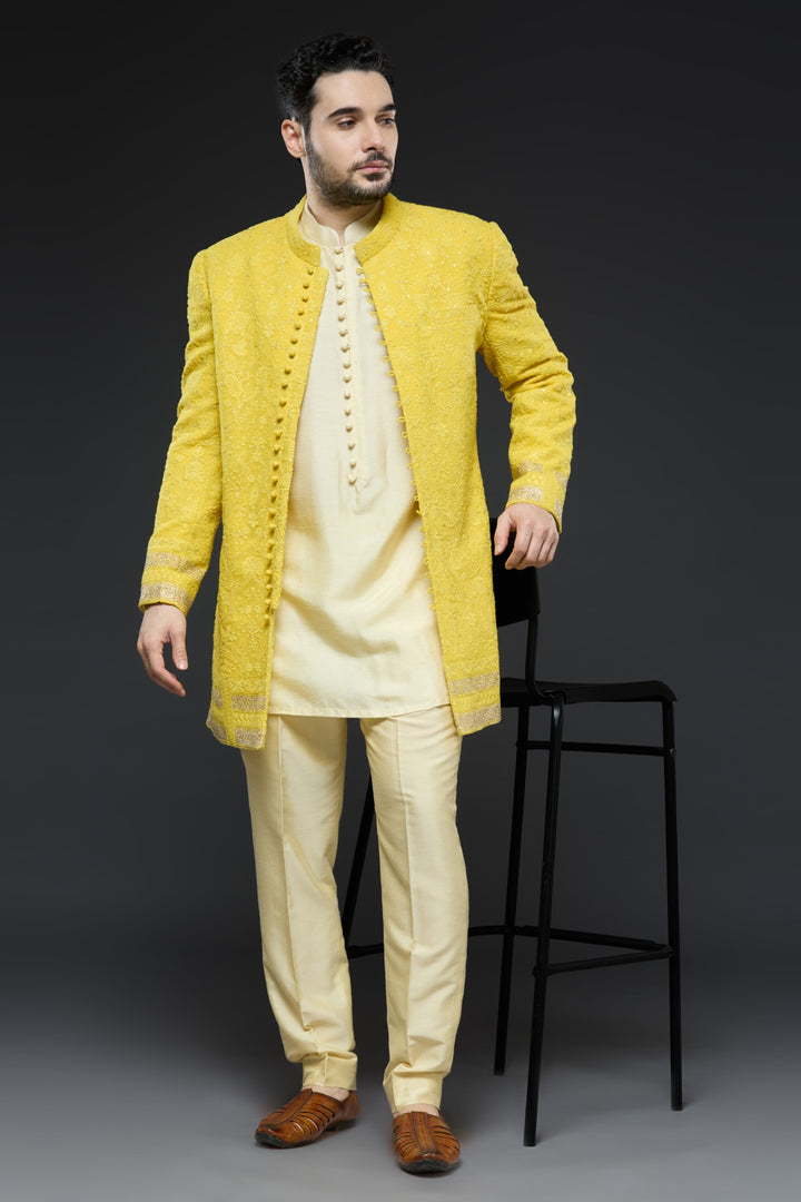 Mustard Lucknowi Sherwani Set