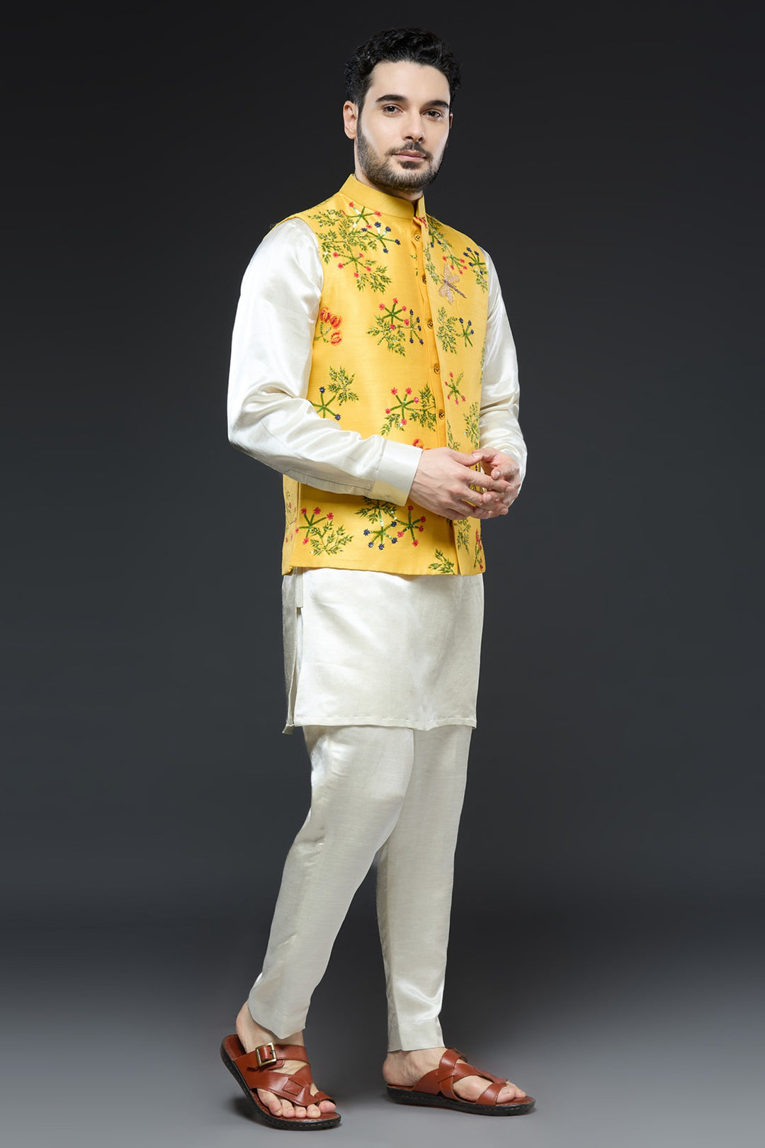 Yellow Linen Tissue Vest Floral Set