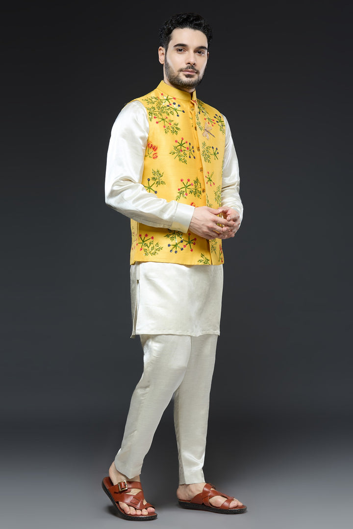 Yellow Linen Tissue Vest Floral Set