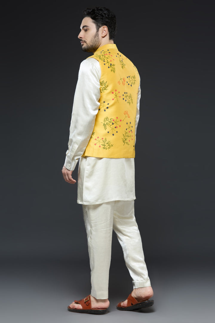 Yellow Linen Tissue Vest Floral Set