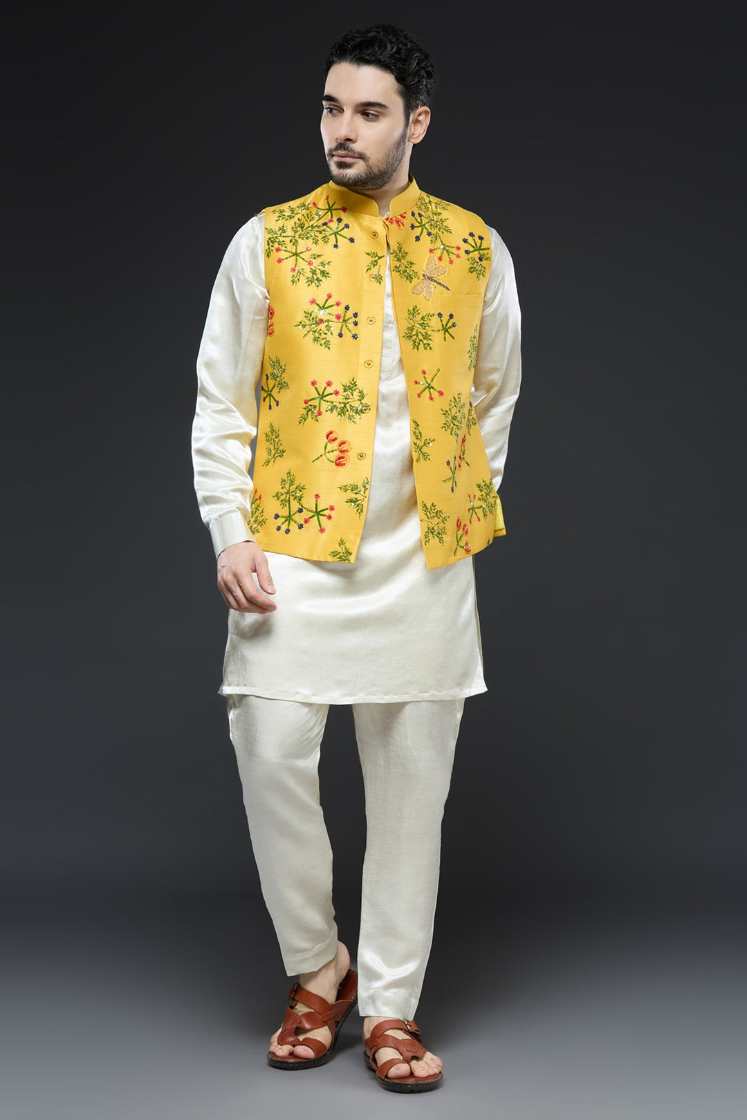 Yellow Linen Tissue Vest Floral Set