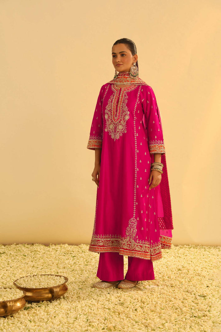 Mayra - Hotpink Long Kurta With Palazzo & Dupatta