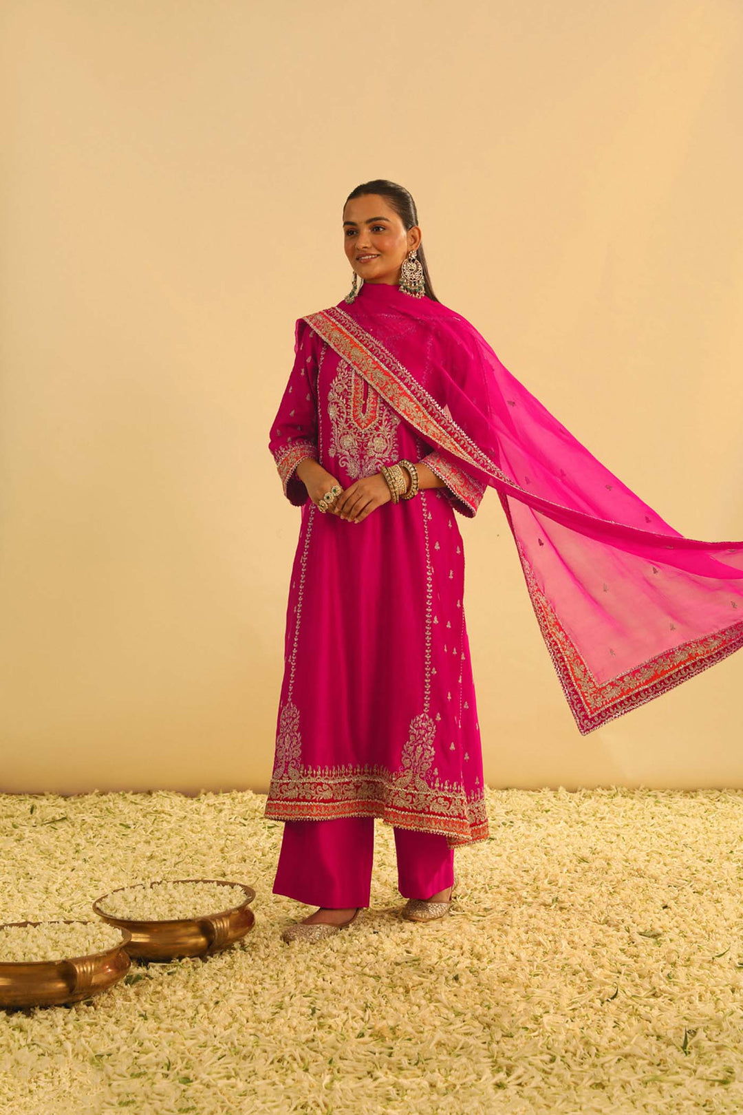 Mayra - Hotpink Long Kurta With Palazzo & Dupatta