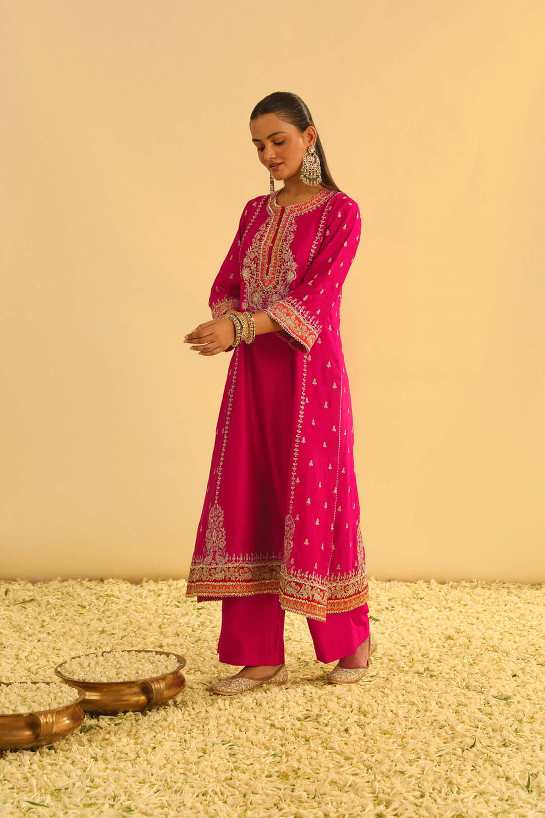 Mayra - Hotpink Long Kurta With Palazzo & Dupatta
