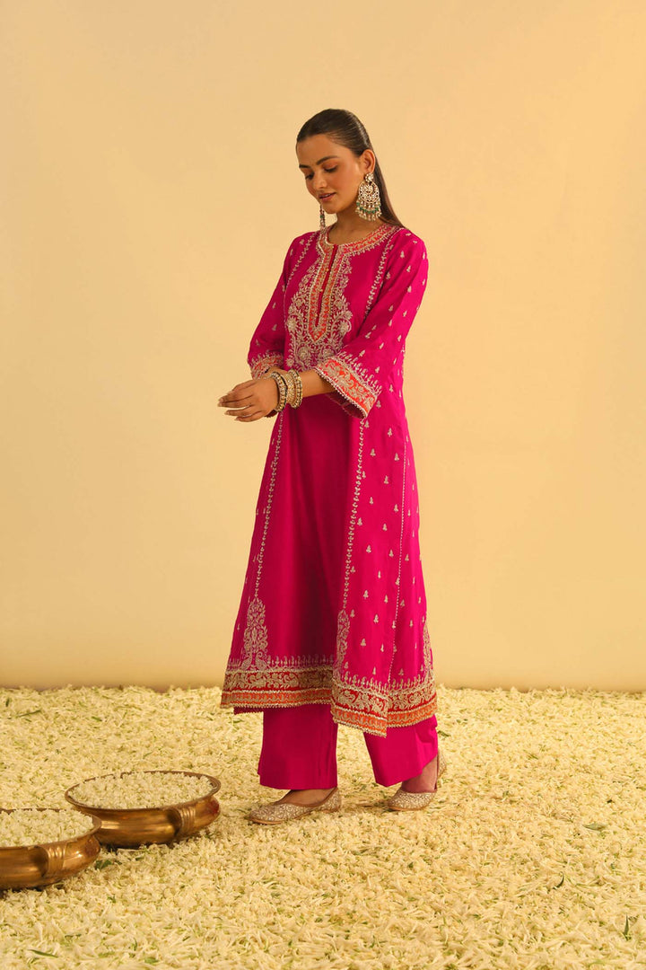 Mayra - Hotpink Long Kurta With Palazzo & Dupatta