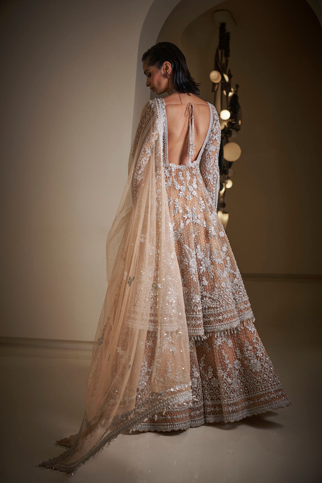 Nude Silver Jacket Sharara Set