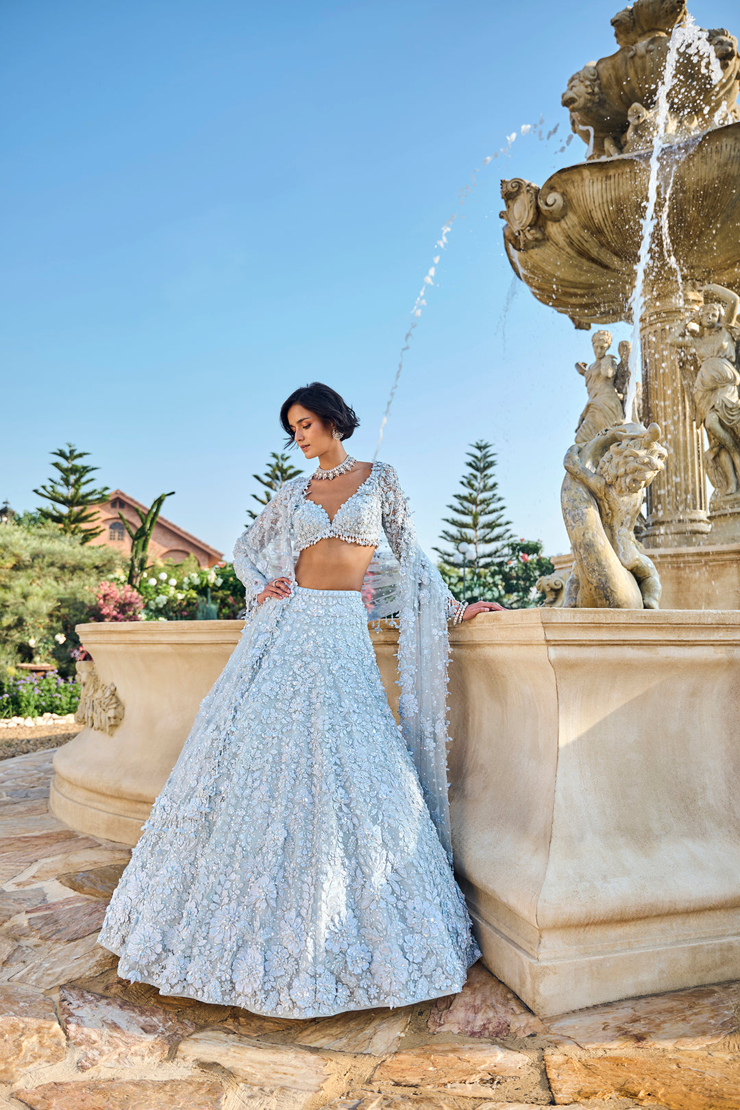 Powder Blue Three-Dimensional Lehenga Set