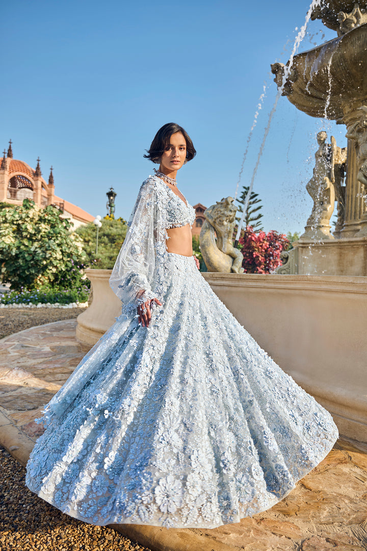 Powder Blue Three-Dimensional Lehenga Set
