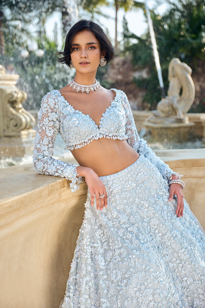 Powder Blue Three-Dimensional Lehenga Set