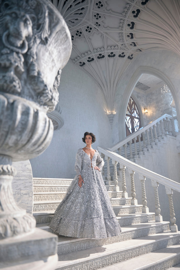 Silver Cut Work Jacket Lehenga Set