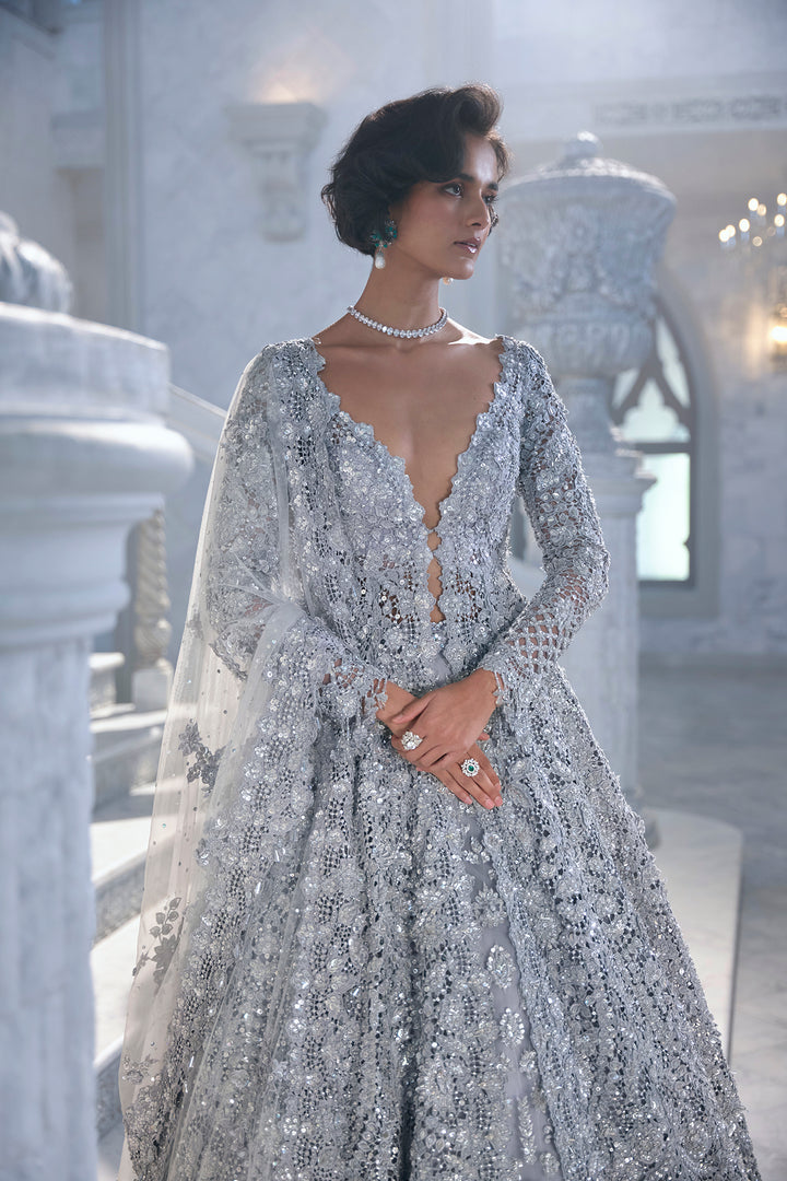 Silver Cut Work Jacket Lehenga Set