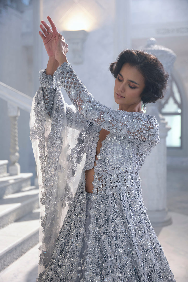 Silver Cut Work Jacket Lehenga Set