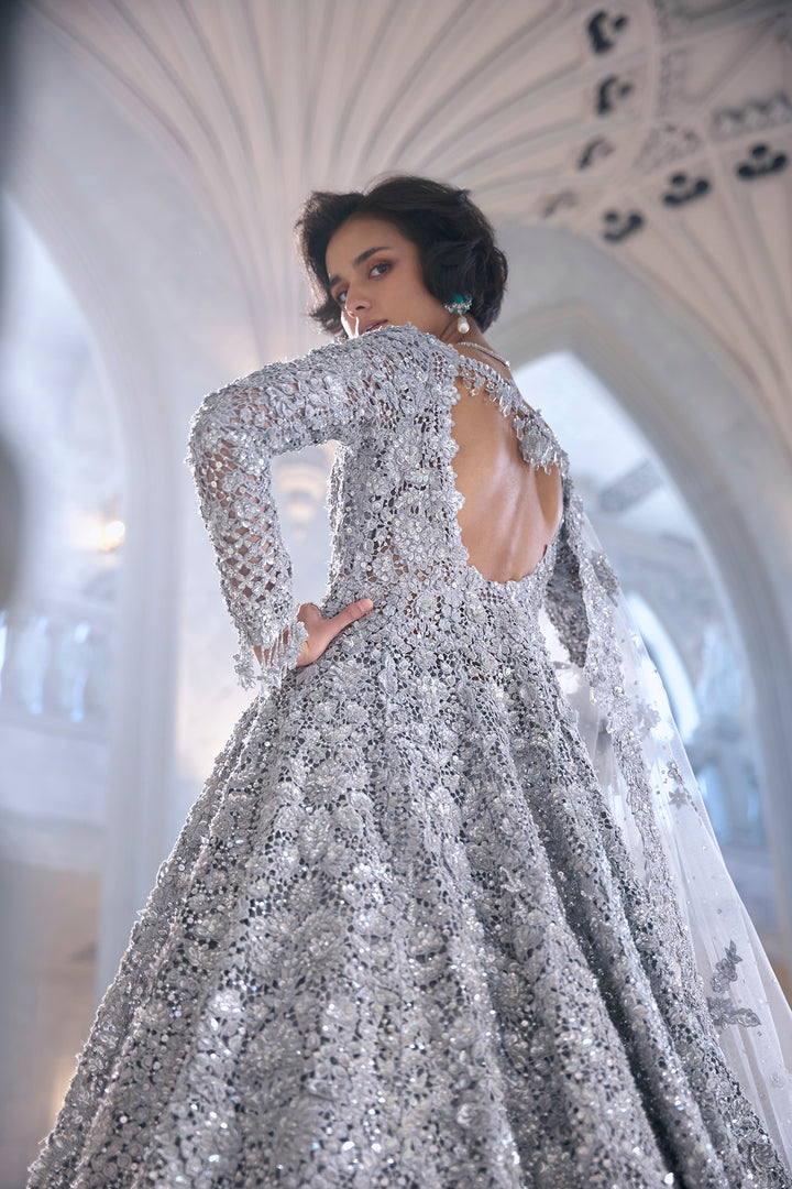 Silver Cut Work Jacket Lehenga Set