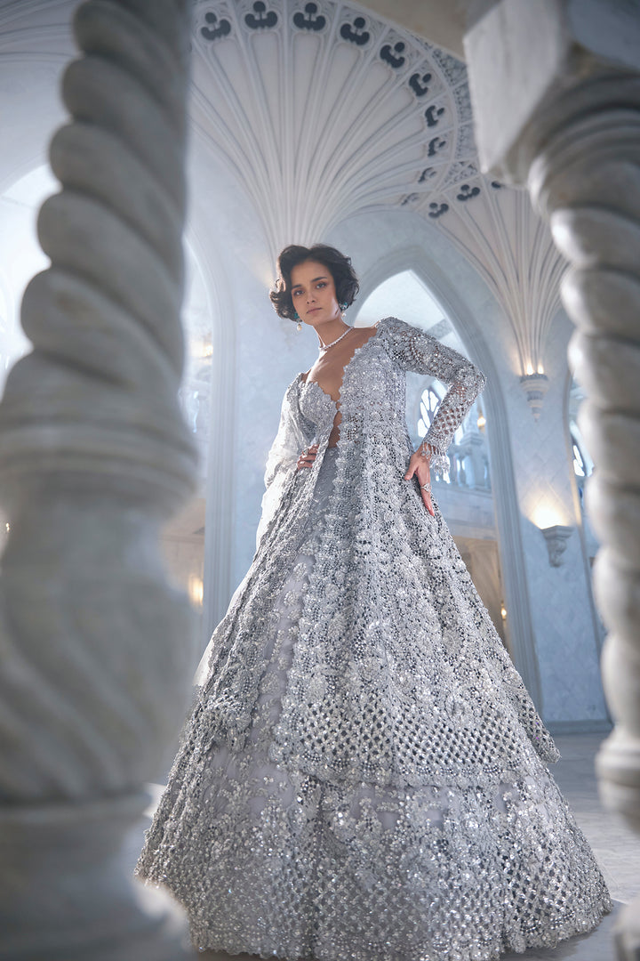 Silver Cut Work Jacket Lehenga Set
