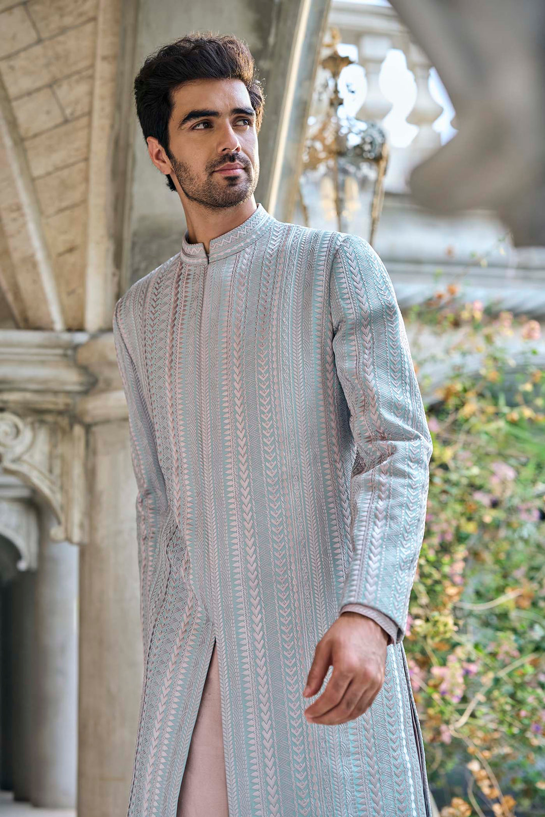 Sage Green Thread Work Sherwani Set