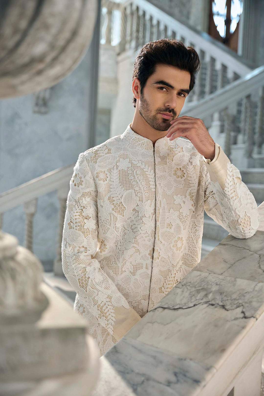 Nude Cut Work Sherwani Set