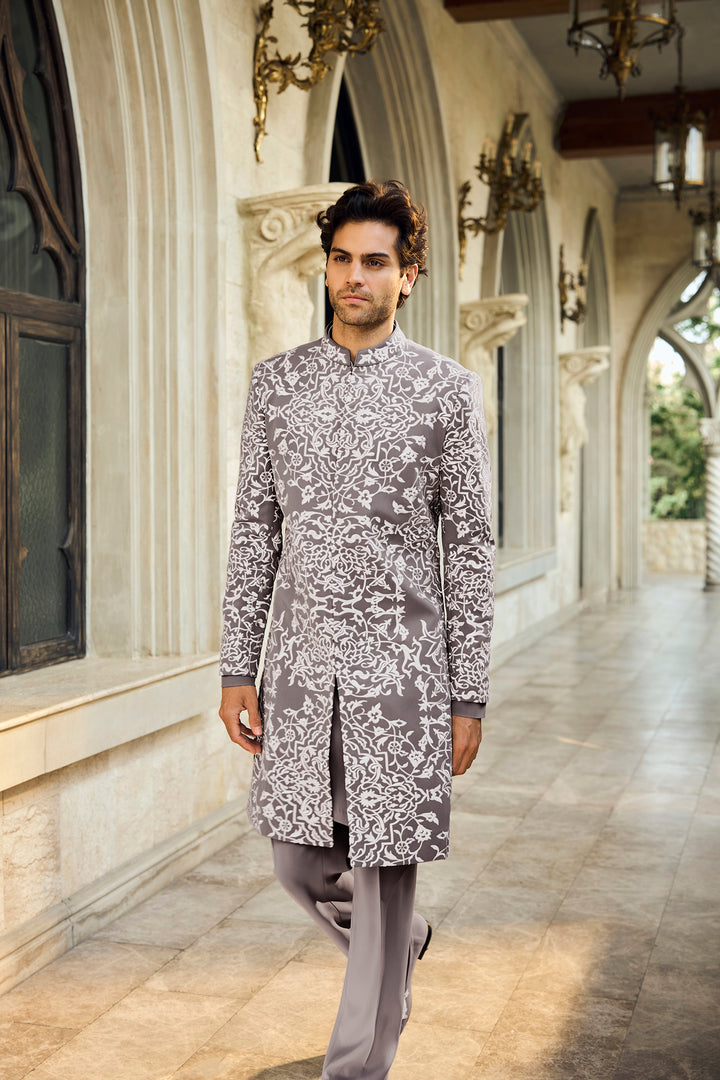 Grey Abstract Sherwani Set