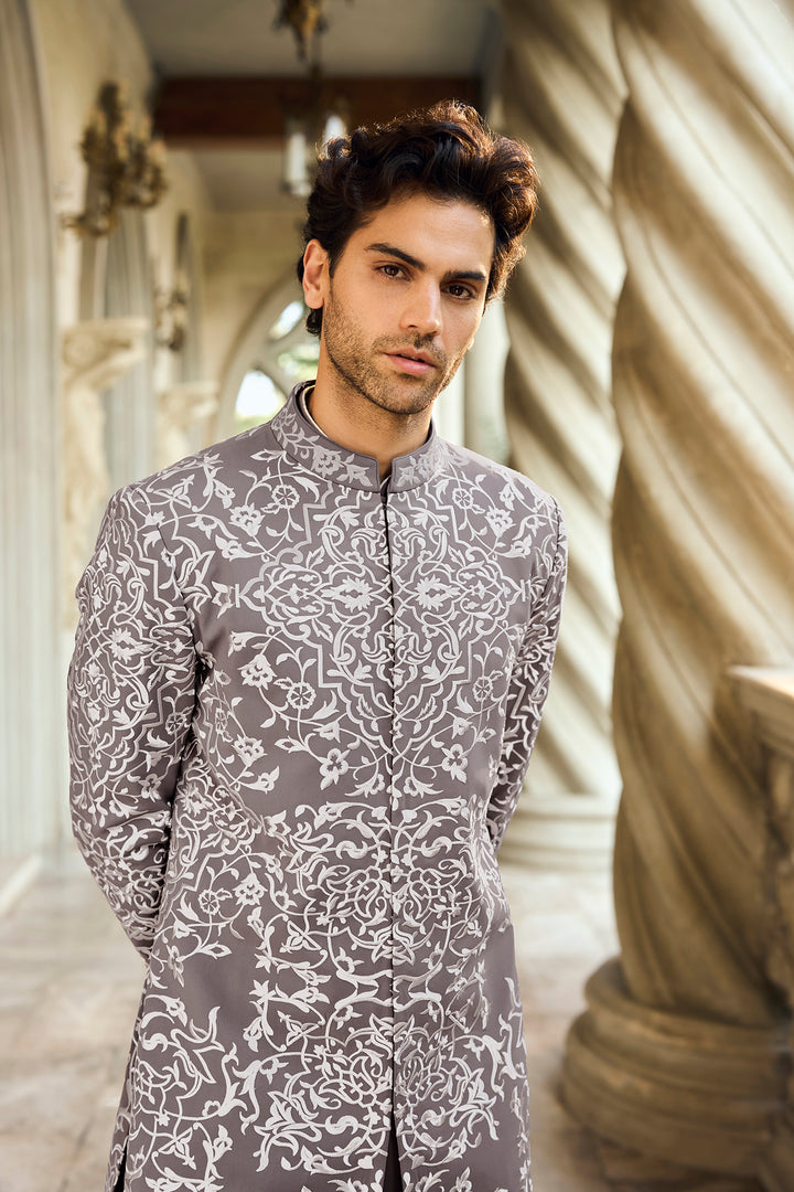 Grey Abstract Sherwani Set