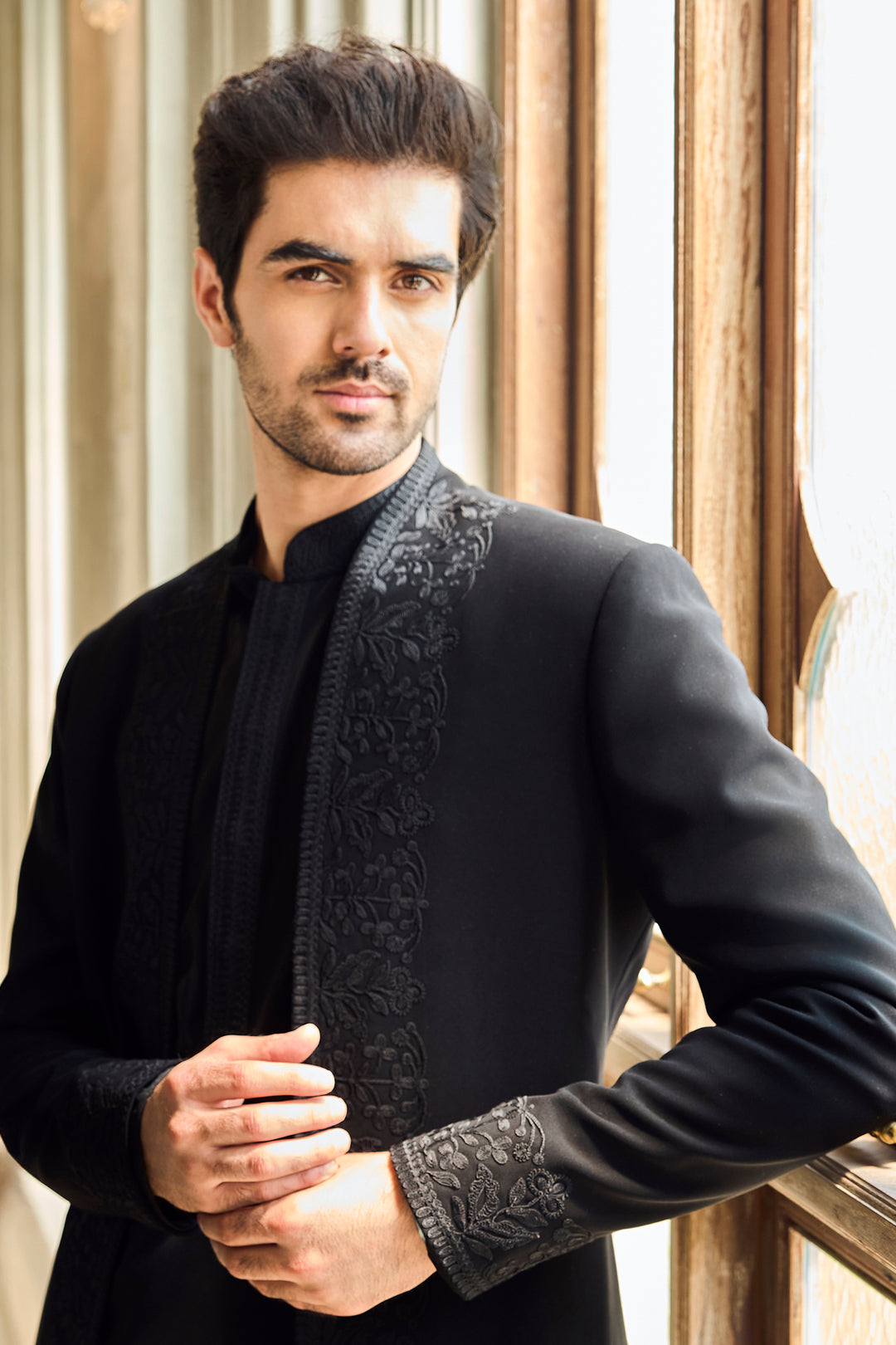 Black Thread Work Open Jacket Set